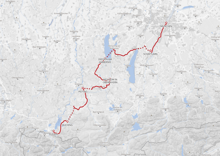 Karte des Bayerischen Jakobswegs mit markierter Route.