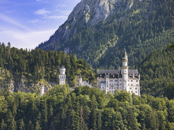 Schloss Neuschwanstein vor bewaldeten Bergen im Sonnenschein.
