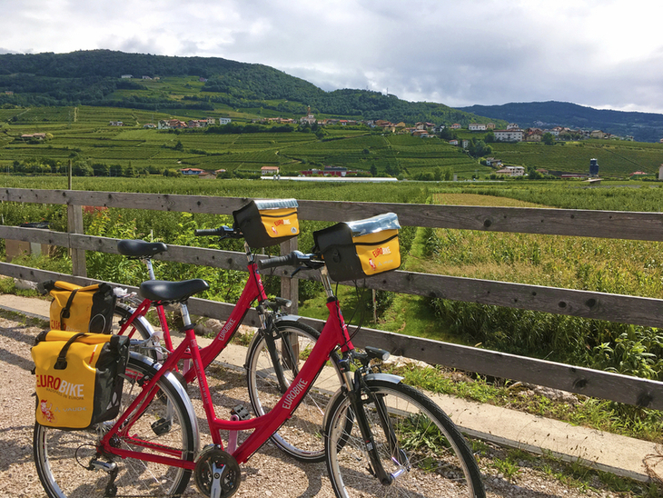 Zwei Fahrräder vor malerischer Landschaft am Etsch-Radweg in Südtirol.