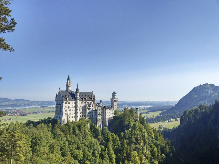Schloss Neuschwanstein auf einem Hügel, umgeben von Wald und Bergen im Hintergrund.