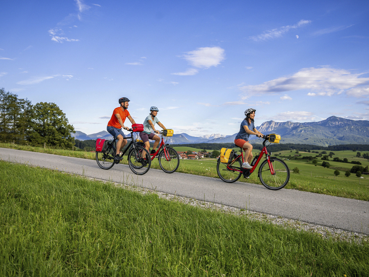 Radfahrer auf dem Lechradweg vor Alpenkulisse bei sonnigem Wetter.