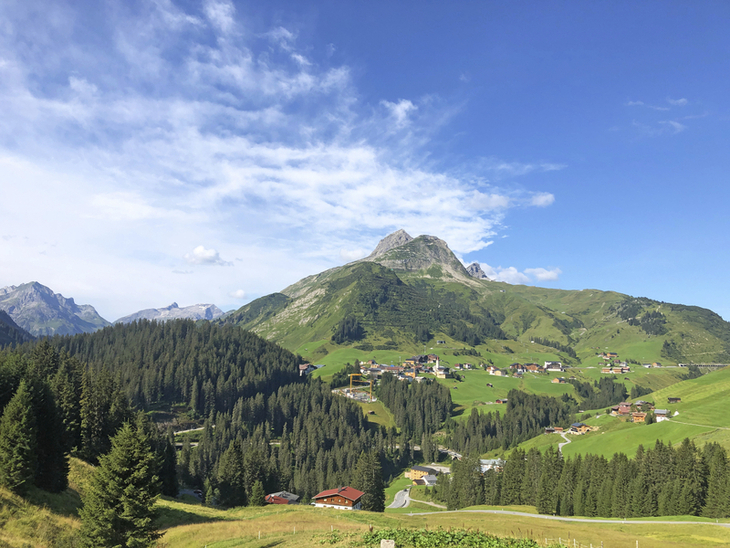Alpenlandschaft mit Wiesen, Bäumen und Bergen unter blauem Himmel