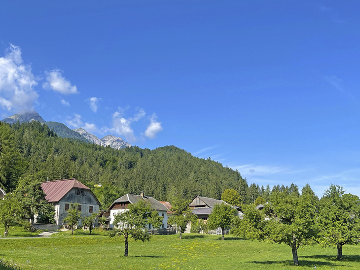 Mehrere Häuser vor bewaldeten Bergen und blauem Himmel.