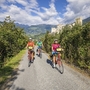 Radfahrer auf einem Weg mit Burg im Hintergrund, umgeben von Bergen.