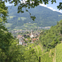 Aussicht auf Meran mit Kirche, umgeben von Weinbergen und Bergen im Hintergrund.