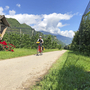 Radfahrer auf einem Weg durch Apfelplantagen in Südtirol bei sonnigem Wetter.