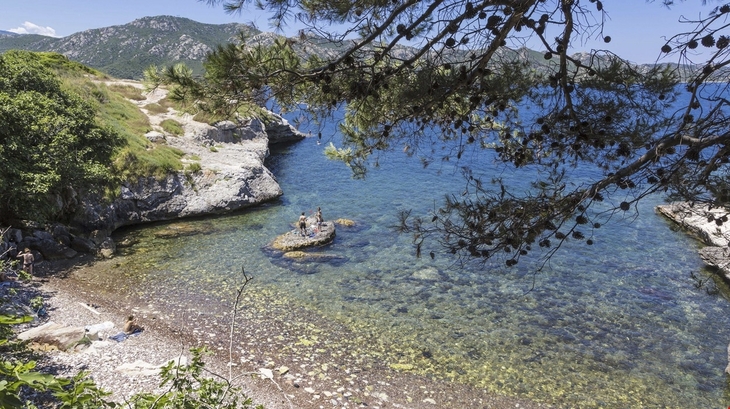Blick auf eine kleine, felsige Bucht mit klarem Wasser und Bergkulisse auf Korsika.