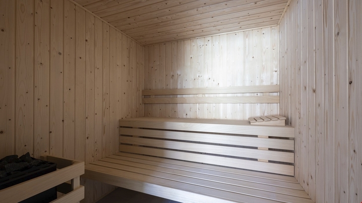Innenansicht einer modernen, holzverkleideten Sauna mit Sitzbänken.
