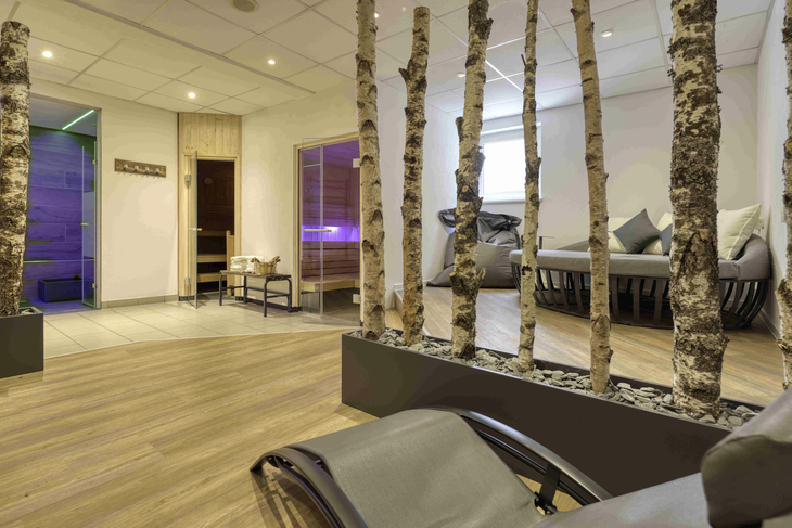 Wellnessbereich im Hotel mit Liegen und Sauna, umgeben von Birkenstämmen.