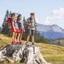Kinder auf Baumstumpf in alpiner Landschaft mit Bergblick.