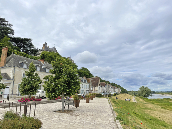 Promenade mit Bäumen und Häusern am Flussufer unter bewölktem Himmel.
