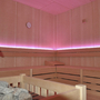 Innenansicht einer Sauna mit Holzbänken und rosa Beleuchtung.