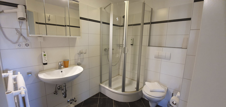 Modernes Badezimmer mit Dusche, Waschbecken und Toilette.