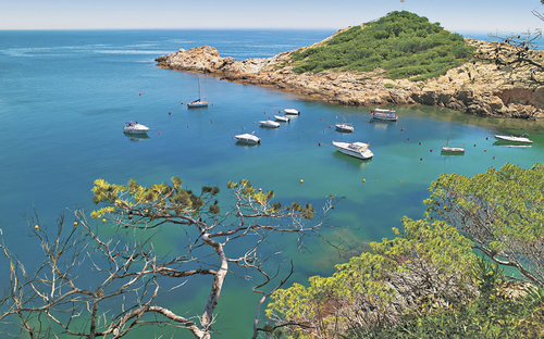 Küste der Costa Brava mit Booten in einer malerischen Bucht und grüner Vegetation.
