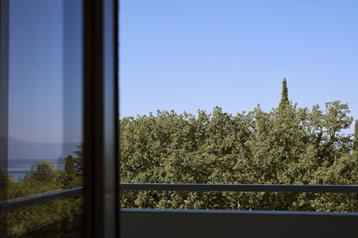 Blick von einem Balkon auf Bäume und blauen Himmel.