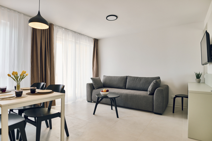 Modernes Wohnzimmer mit grauem Sofa, Esstisch, Fernseher und Dekorationen.