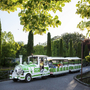 Kleiner Touristenzug fährt durch grüne Landschaft mit Bäumen und sonnigem Himmel.