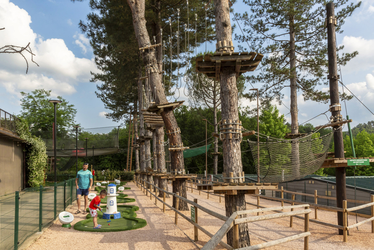 Ein Kletterpark in einem Wald mit hohen Plattformen und Seilen.