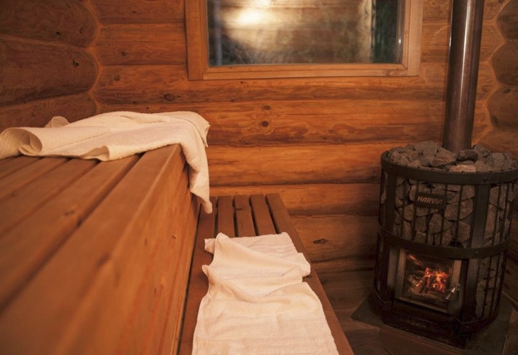Eine gemütliche Sauna mit Holzinterieur und einem Ofen.