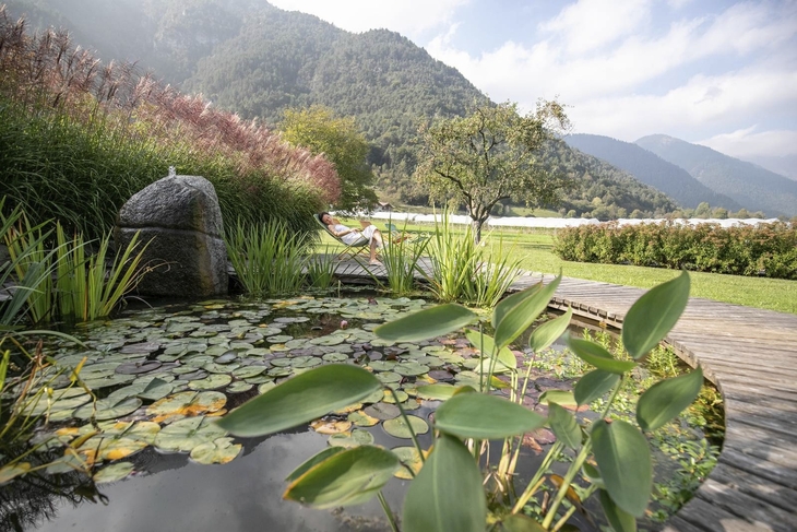 Teich im Garten eines Hotels mit Blick auf bewaldete Berge im Hintergrund.