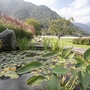 Teich im Garten eines Hotels mit Blick auf bewaldete Berge im Hintergrund.