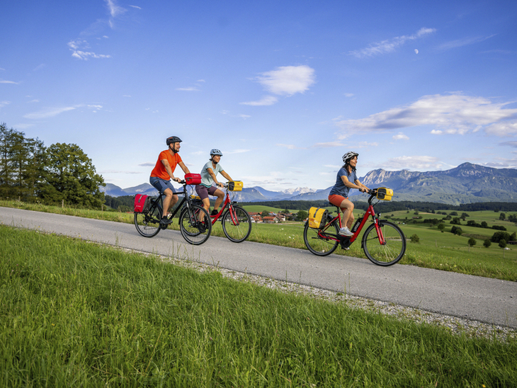 Drei Radfahrer auf einem Weg mit Alpenhintergrund bei sonnigem Wetter.