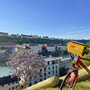 Fahrrad mit Blick auf Burghausen und Fluss bei sonnigem Wetter.