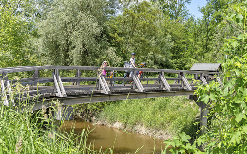 Radfahrer überqueren eine Holzbrücke in einer grünen, natürlichen Umgebung.