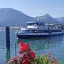 Ein Schiff auf dem Wolfgangsee mit Bergen im Hintergrund und Blumen im Vordergrund.