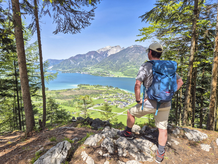 Wanderer mit Rucksack blickt auf den Wolfgangsee im Salzkammergut, umgeben von Bergen.