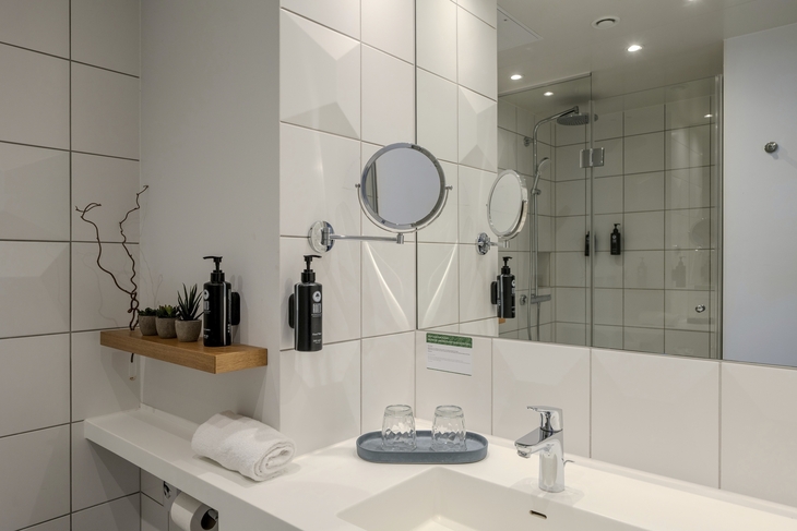 Modernes Badezimmer mit Spiegel, Handtüchern und Pflegeprodukten.