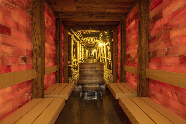Holzsauna mit roten Salzwänden und Bänken im Spa & Wellness-Bereich.