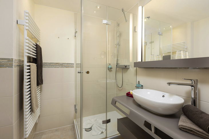 Modernes Badezimmer mit Dusche, Waschbecken und Handtuchhalter.