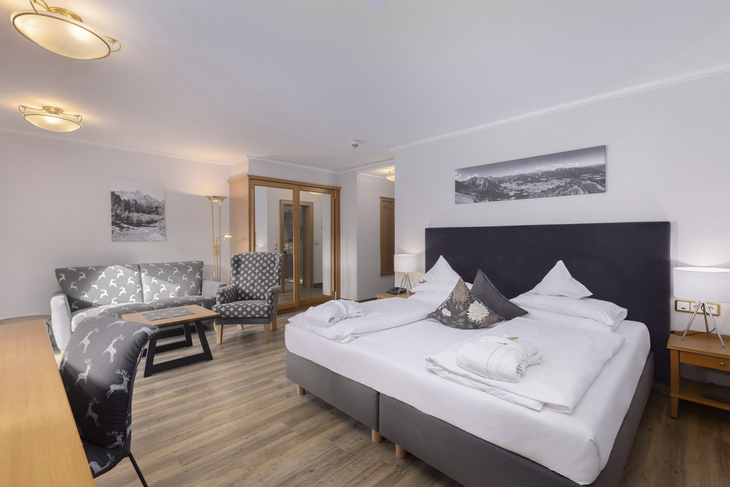 Komfortables Doppelzimmer mit Bett, Sofa und moderner Einrichtung.